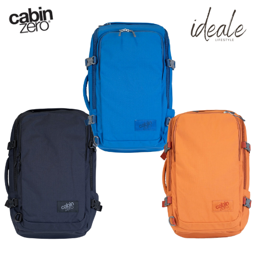 CabinZero ADV Pro 32L travel backpacks in black, blue, and orange, lightweight cabin-sized bags for travel and adventure
