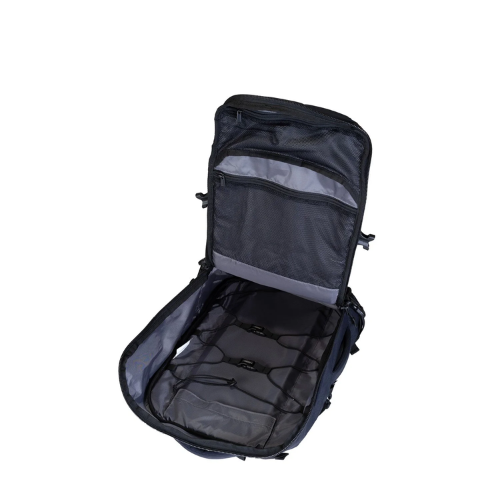 CabinZero ADV Pro 32L backpack open interior in black with mesh pockets and packing straps for organized travel storage