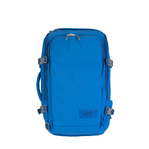 CabinZero ADV Pro 32L backpack in blue, lightweight cabin-sized travel bag for organized adventures