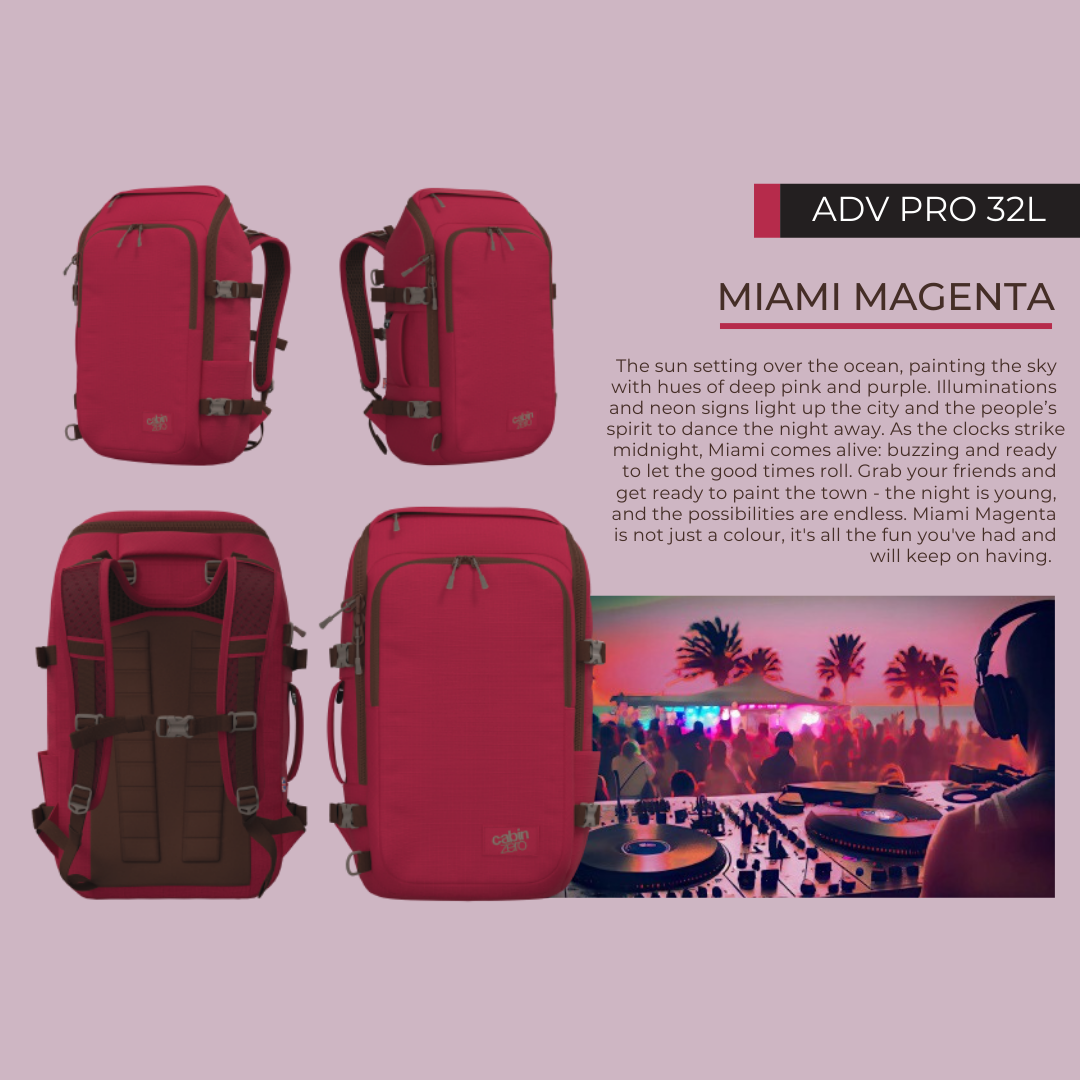CabinZero ADV Pro 32L backpack in Miami Magenta, vibrant water-resistant travel bag with padded straps and compression for urban adventures and nightlife