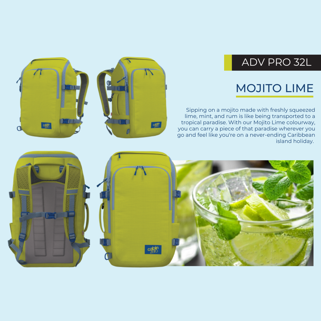 CabinZero ADV Pro 32L backpack in Mojito Lime, lightweight water-resistant travel bag with padded straps and compartments for tropical adventures