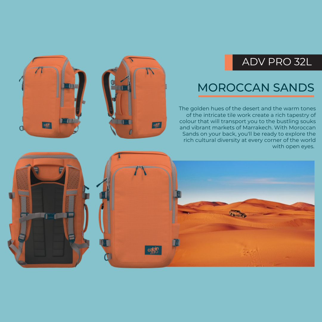 CabinZero ADV Pro 32L backpack in Morocco Sands orange, durable travel bag with water-resistant fabric and padded straps inspired by the colors of Marrakech