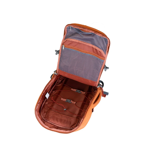 CabinZero ADV Pro 32L backpack open interior with mesh compartments and packing straps, ideal for organized travel packing