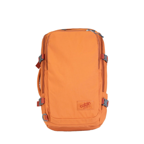 CabinZero ADV Pro 32L backpack in Sahara Sand orange, lightweight water-resistant travel bag with side compression straps and laptop sleeve