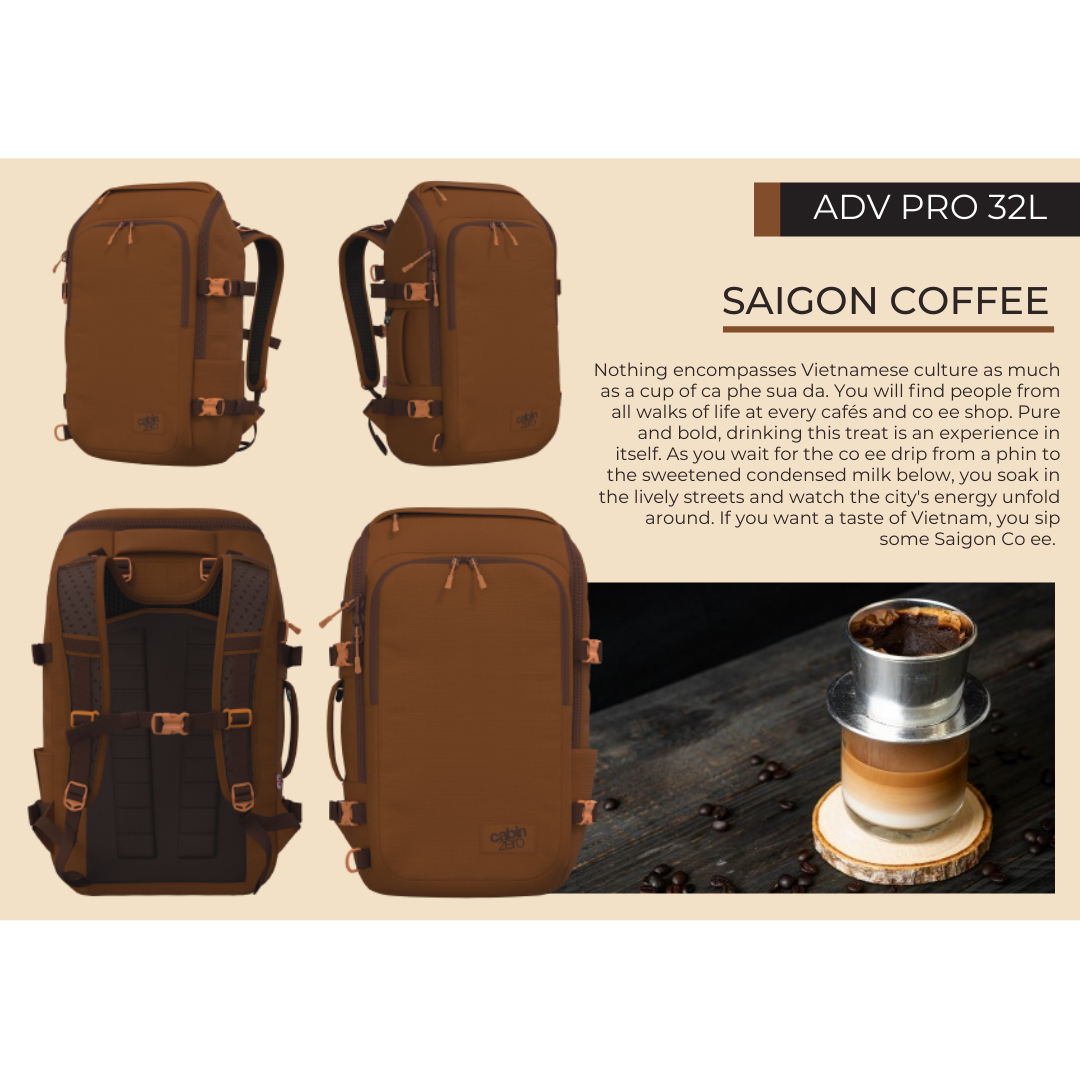 CabinZero ADV Pro 32L backpack in Saigon Coffee brown, durable water-resistant travel bag with padded straps and urban explorer design inspired by Vietnamese coffee culture