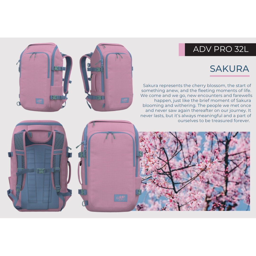 CabinZero ADV Pro 32L backpack in Sakura Pink, lightweight cherry blossom-inspired travel bag with water-resistant fabric and padded straps for stylish adventures