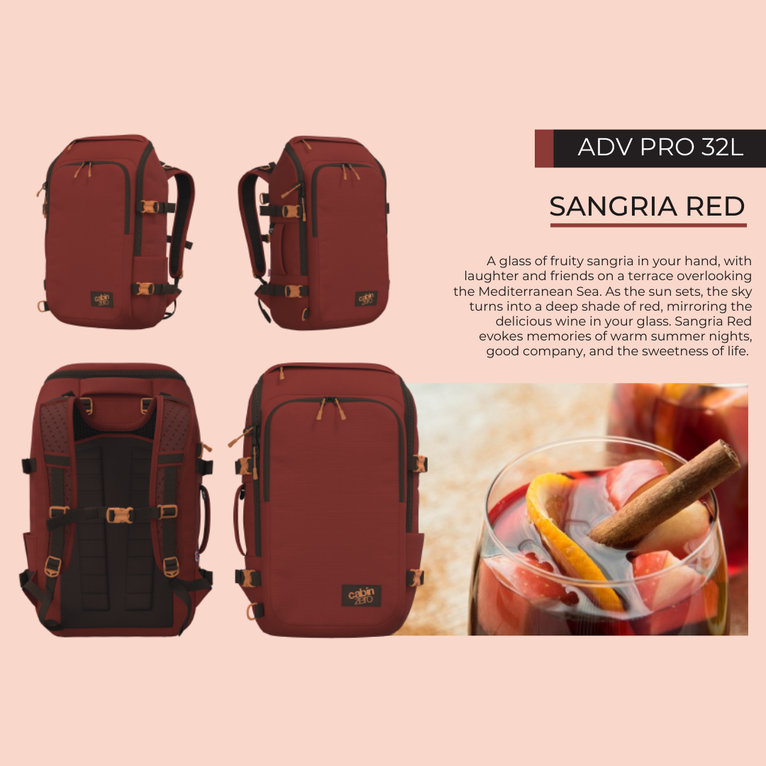 CabinZero ADV Pro 32L backpack in Sangria Red, water-resistant travel bag with padded straps, side compression, and laptop compartment for stylish adventures