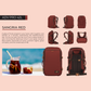 CabinZero ADV Pro 42L Adventure Cabin Bag in Sangria Red, shown from multiple angles and inspired by Mediterranean sunsets and the fruity color of sangria for warm summer adventures.