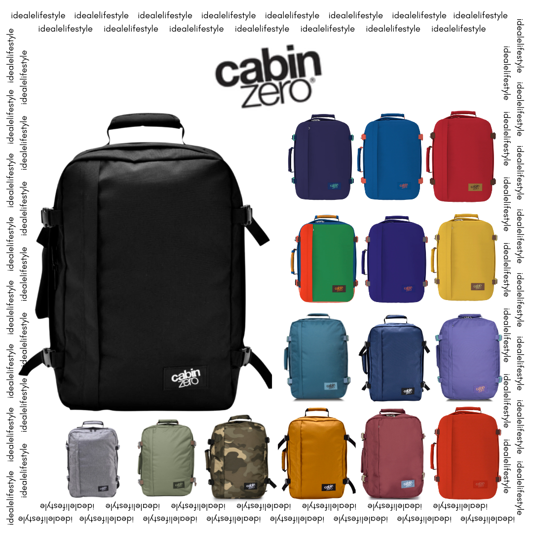 CabinZero backpacks in various colors displayed in a grid, featuring the idealelifestyle logo and branding, highlighting travel bag options for smart travelers.