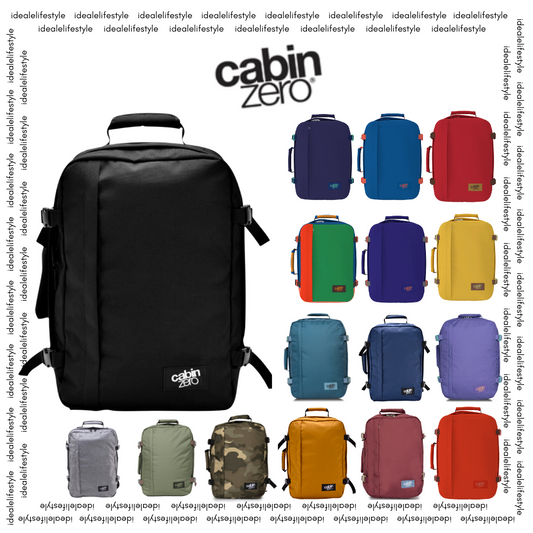 CabinZero backpacks in various colors displayed in a grid, featuring the idealelifestyle logo and branding, highlighting travel bag options for smart travelers.