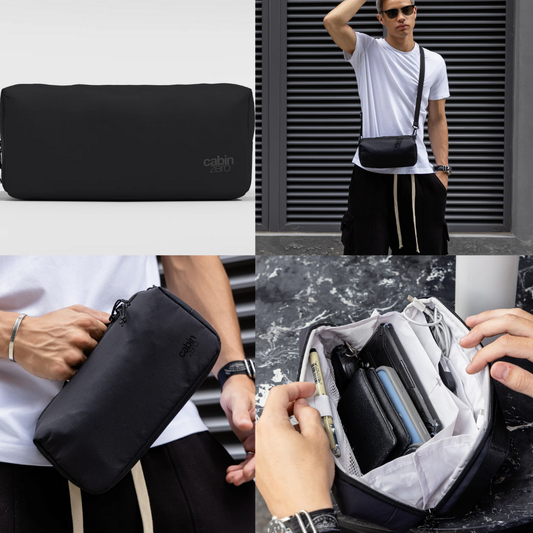 Collage of four images showing a black CabinZero crossbody pouch: top left displays the pouch on a plain background, top right shows a person wearing the pouch across their torso, bottom left features the pouch being held by hand, and bottom right reveals the organized interior with various personal items.