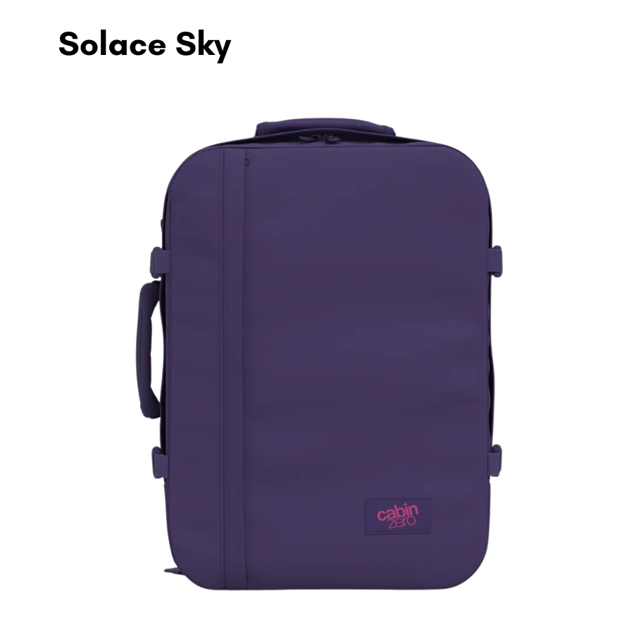 CabinZero Classic 28L cabin bag in Solace Sky purple, lightweight travel backpack suitable for carry-on luggage.
