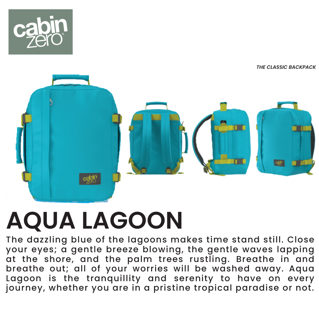 CabinZero Classic 28L Travel Cabin Bag in Aqua Lagoon, multi-angle product view, bright blue compact carry-on backpack inspired by tropical waters, perfect for travel and everyday use