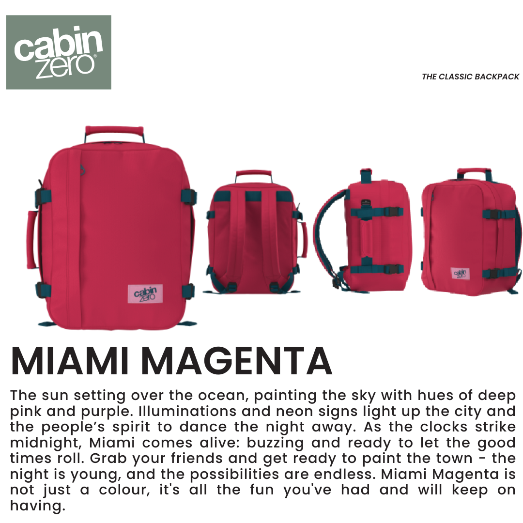 CabinZero Classic 28L Travel Cabin Bag in Miami Magenta, multi-angle product visual, vibrant pink compact travel backpack for city nights, travel, and daily exploration