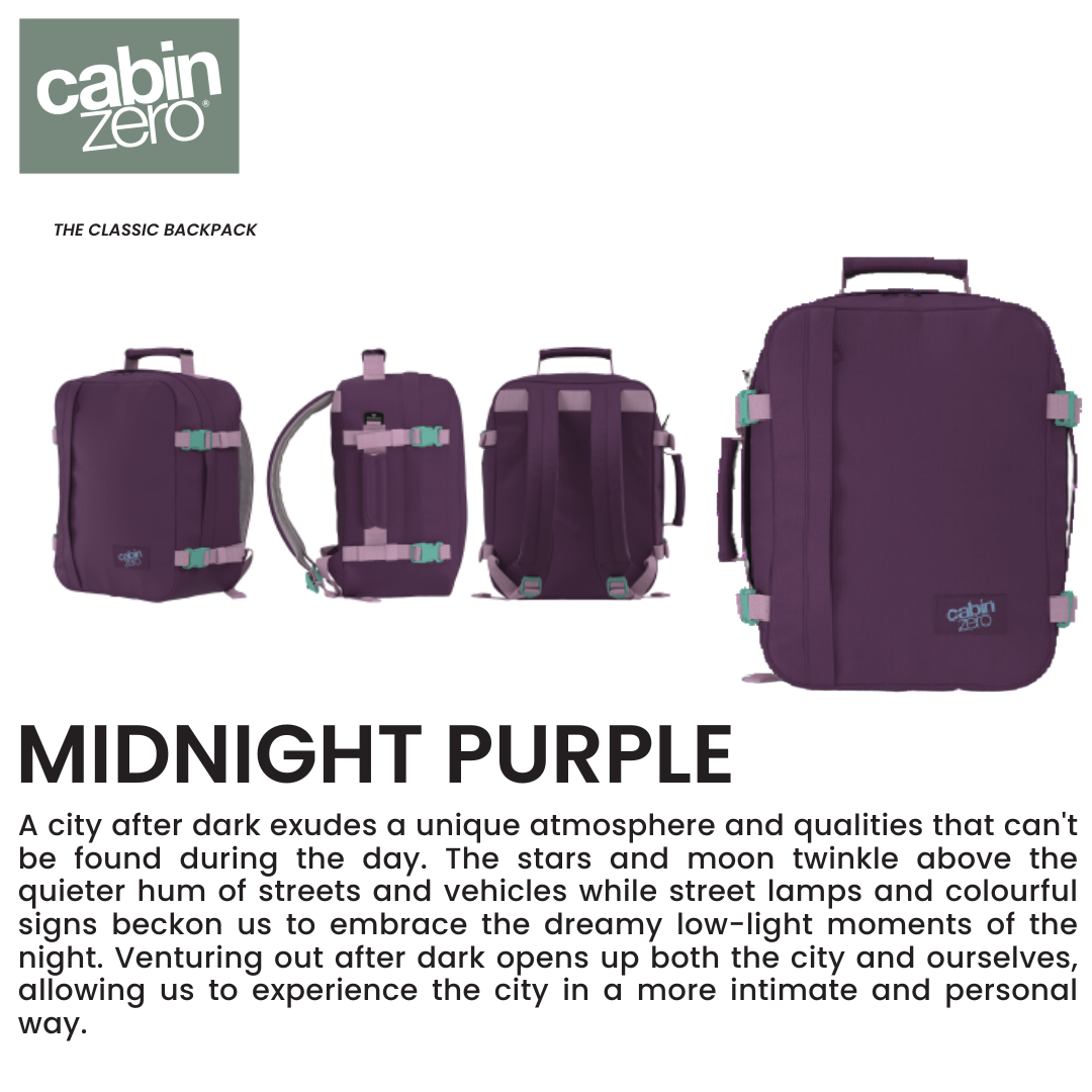 CabinZero Classic 28L Travel Cabin Bag in Midnight Purple, multi-angle product visual, deep purple compact travel backpack for night city adventures and daily use