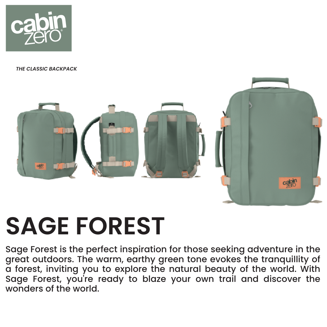 CabinZero Classic 28L Travel Cabin Bag in Sage Forest, multi-angle product visual, earthy green compact travel backpack for everyday adventures and outdoor trips