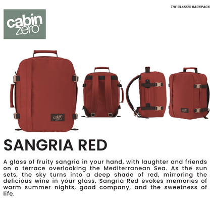 CabinZero Classic 28L Travel Cabin Bag in Sangria Red, multi-angle product visual, warm red compact backpack for travel, city breaks, and daily adventures