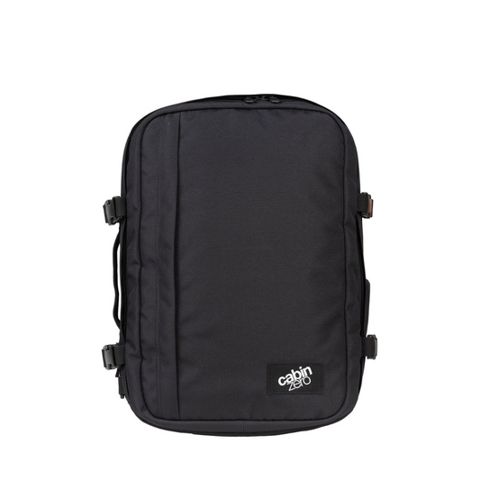CabinZero Classic 32L black travel backpack front view, lightweight cabin-size bag for minimalist travel and everyday use