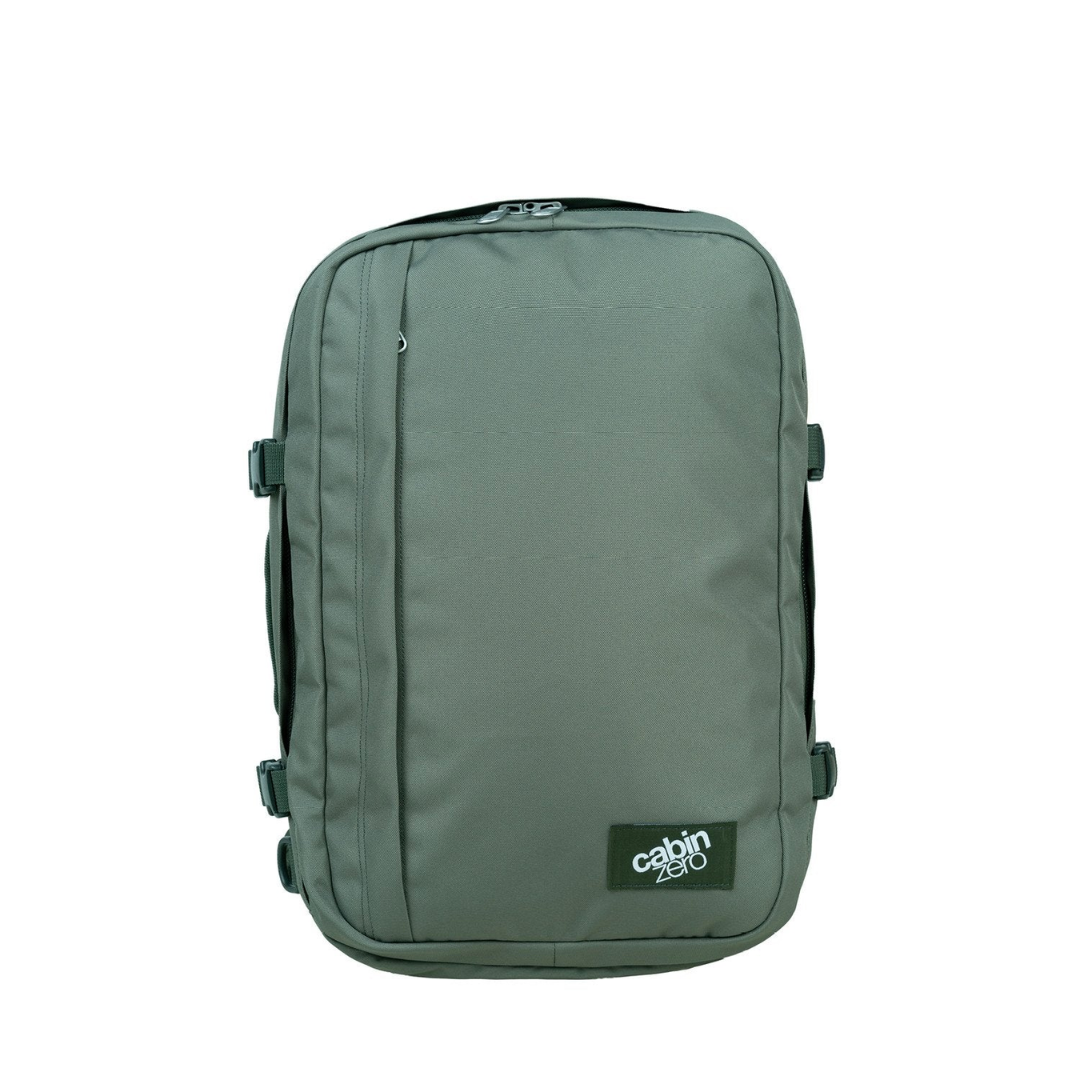 CabinZero Classic 32L green travel backpack front view, spacious carry-on cabin bag ideal for minimalist travel and daily adventures.