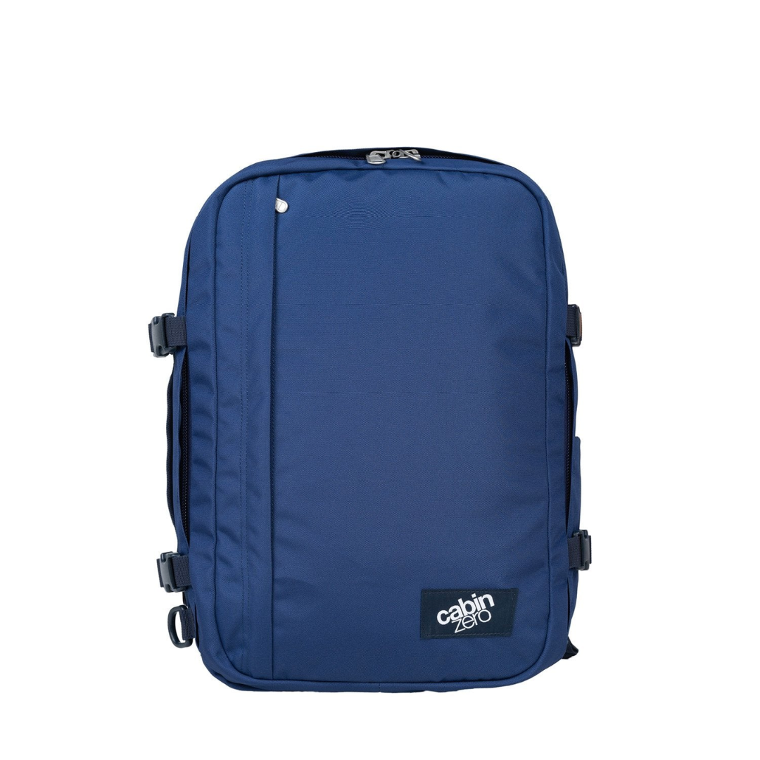 CabinZero Classic 32L navy blue travel backpack front view, spacious carry-on cabin bag ideal for minimalist travel and everyday use.