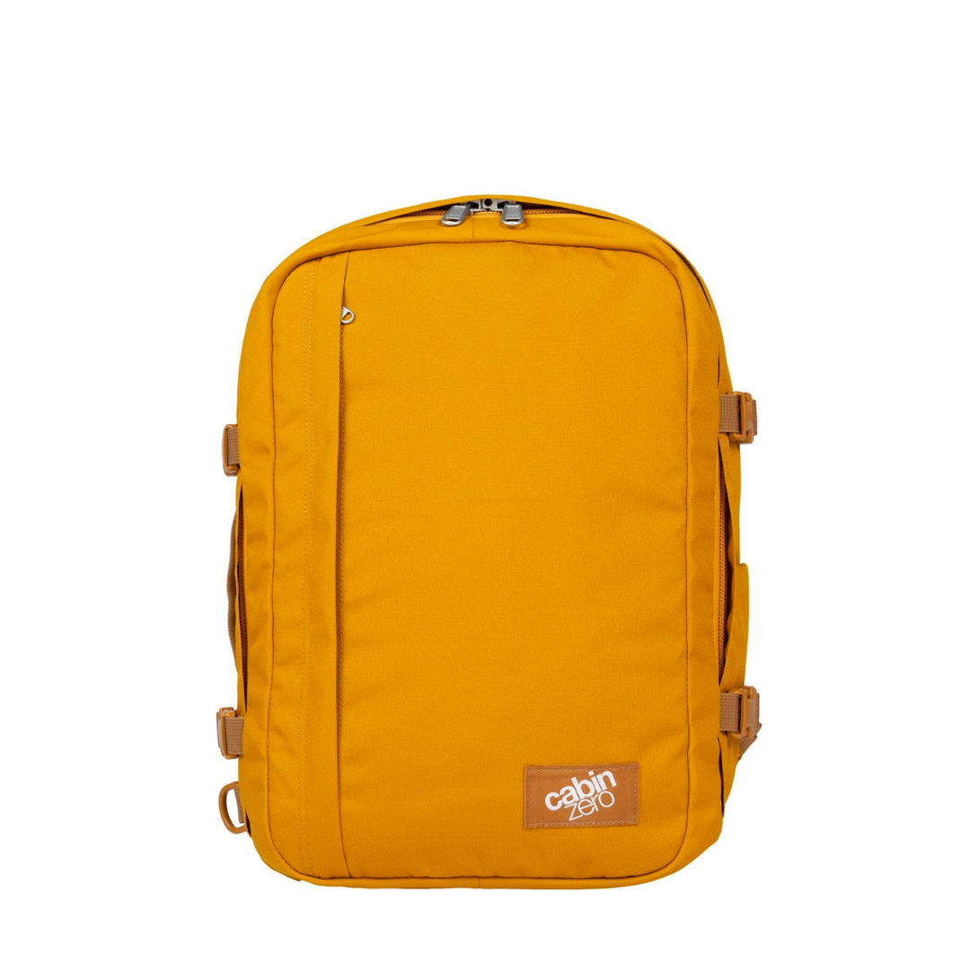 CabinZero Classic 32L yellow travel backpack front view, spacious carry-on cabin bag ideal for minimalist travel and everyday use.