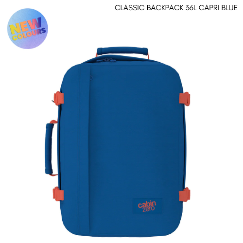 CabinZero Classic 36L Travel Cabin Bag in Capri Blue, new color, lightweight carry-on backpack for travel