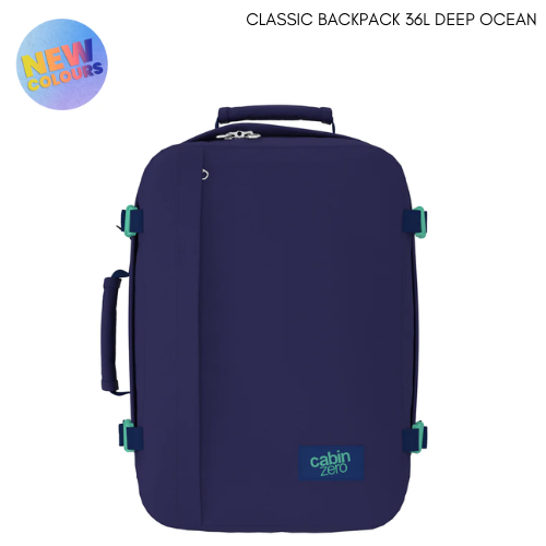 CabinZero Classic 36L Travel Cabin Bag in Deep Ocean, stylish new color, lightweight carry-on backpack for travel