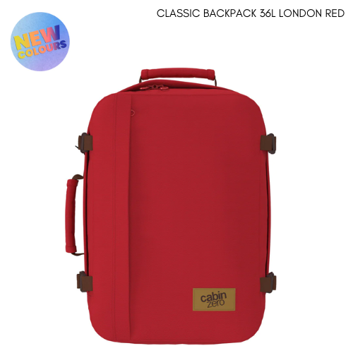CabinZero Classic 36L Travel Cabin Bag in London Red, bold new color, lightweight carry-on backpack for travel