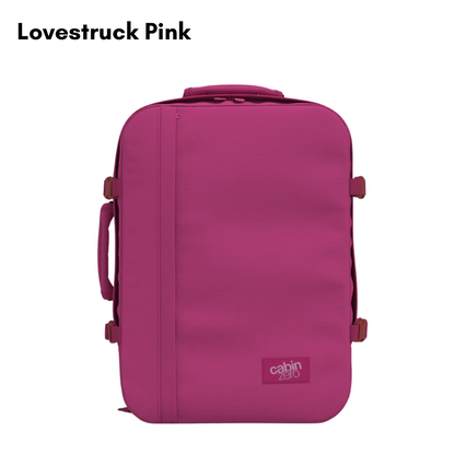 CabinZero Classic 36L Travel Cabin Bag in Lovestruck Pink color, bold pink backpack for travel, lightweight carry-on ideal for holidays, weekend trips, and adventures