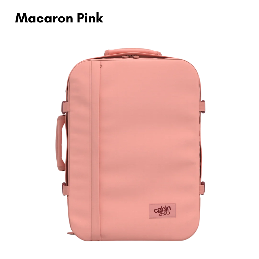 CabinZero Classic 36L lightweight cabin backpack in Macaron Pink, travel bag designed for weekend getaways and airplane carry-on requirements