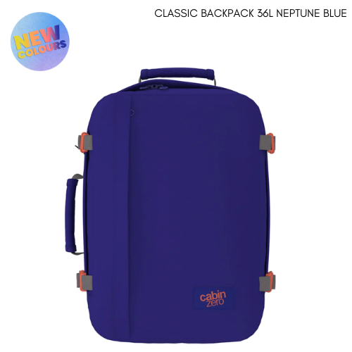 CabinZero Classic 36L Travel Cabin Bag in Neptune Blue, bold new color, lightweight carry-on backpack for travel