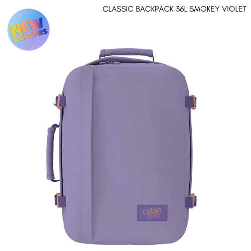 CabinZero Classic 36L Travel Cabin Bag in Smokey Violet, trendy pastel color, lightweight carry-on backpack for travel