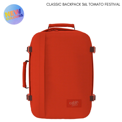 CabinZero Classic 36L Travel Cabin Bag in Tomato Festival red, vibrant new color, lightweight carry-on backpack for travel