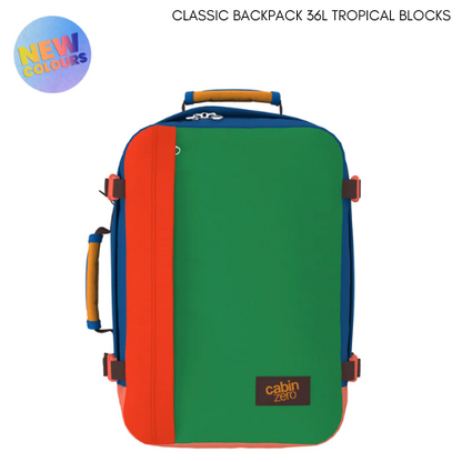 CabinZero Classic 36L Travel Cabin Bag in Tropical Blocks colorway, vibrant multicolored lightweight carry-on backpack for travel