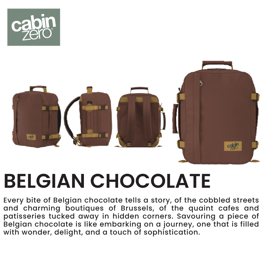 CabinZero Classic 44L travel cabin bag Belgian Chocolate color shown from multiple views, ideale lifestyle product image for sophisticated travel in warm brown