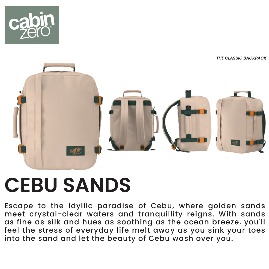 CabinZero Classic 44L travel cabin bag Cebu Sands color shown from multiple views, ideale lifestyle product image inspired by golden beaches and tranquil escapes
