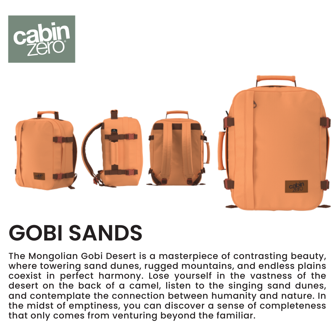 CabinZero Classic 44L travel cabin bag Gobi Sands color shown from multiple views, ideale lifestyle product image inspired by the beauty of the desert