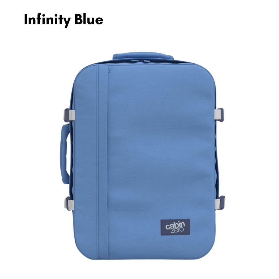 CabinZero Classic 44L travel cabin bag in Infinity Blue color, ideale lifestyle product image for modern stylish travel