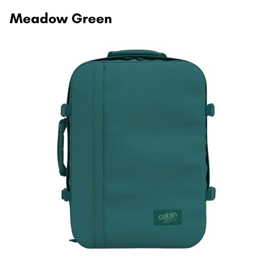 CabinZero Classic 44L travel cabin bag in Meadow Green color, ideale lifestyle product image for fresh outdoor-inspired travel