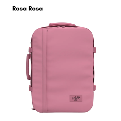 CabinZero Classic 44L travel cabin bag in Rosa Rosa pink, large lightweight carry-on backpack for travel, water-resistant durable design