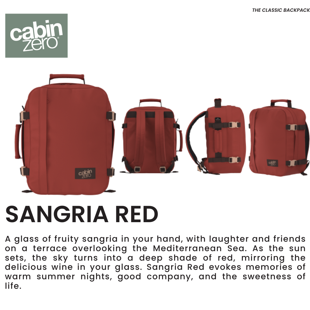 CabinZero Classic 44L travel cabin bag Sangria Red color shown from multiple angles, ideale lifestyle product image for vibrant Mediterranean-inspired travel