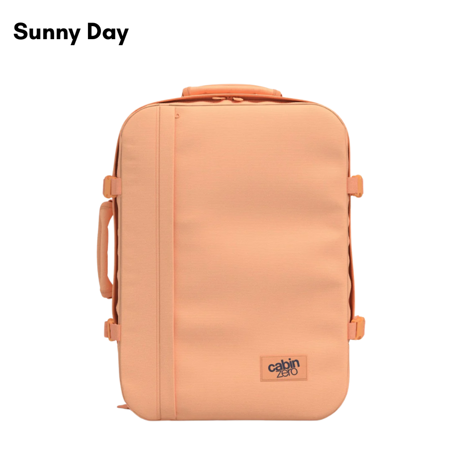 CabinZero Classic 44L travel cabin bag in Sunny Day color, ideale lifestyle product image for cheerful travel adventures