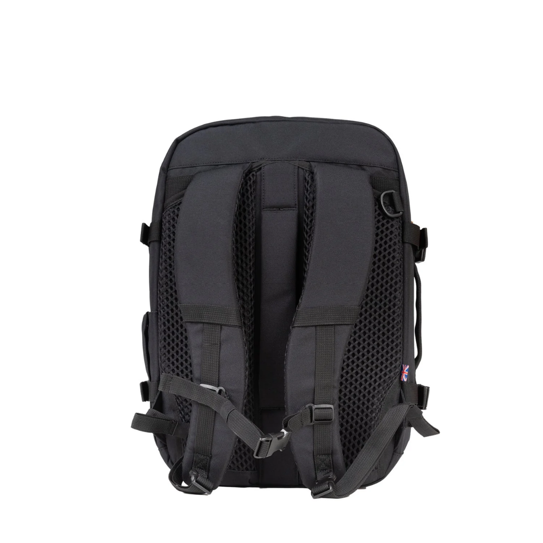 CabinZero Classic black travel backpack back view highlighting padded shoulder straps and breathable mesh padding for comfortable carrying during travel