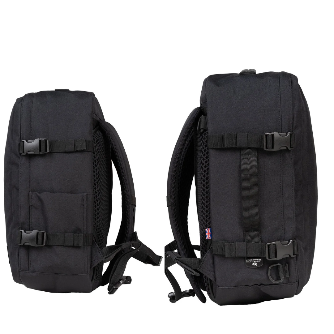 CabinZero Classic black travel backpack shown from both left and right side views, highlighting compression straps and ergonomic shoulder padding for travel convenience.