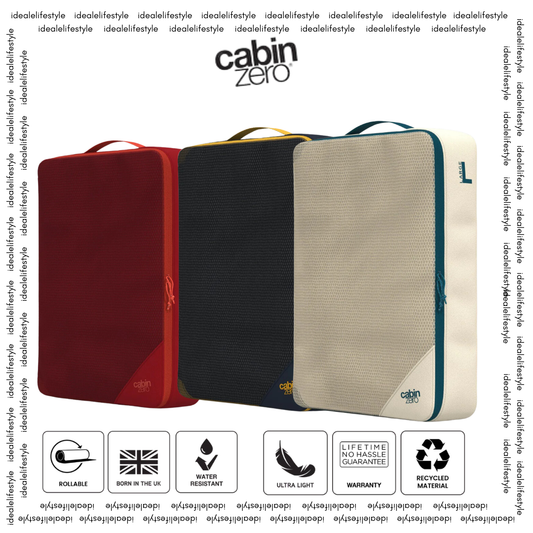 CabinZero CLASSIC PACKING CUBE Large in Fiesta Red, Urban Black, and Oyster White—durable, water-resistant, rollable, eco-friendly travel organizers