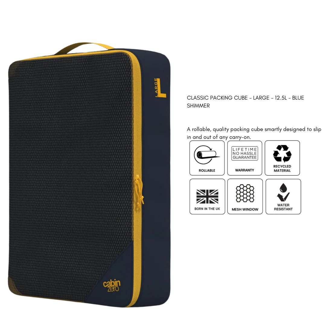 CabinZero CLASSIC PACKING CUBE Large Blue Shimmer—rollable, water-resistant, recycled material, mesh window, durable travel organizer for carry-ons