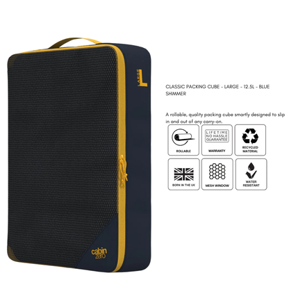 CabinZero CLASSIC PACKING CUBE Large Blue Shimmer—rollable, water-resistant, recycled material, mesh window, durable travel organizer for carry-ons