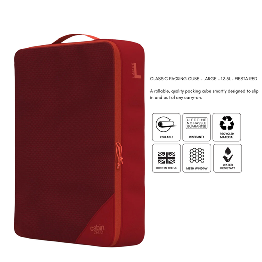 CabinZero CLASSIC PACKING CUBE Large Fiesta Red—rollable, water-resistant, recycled material, mesh window, durable quality for carry-on organization