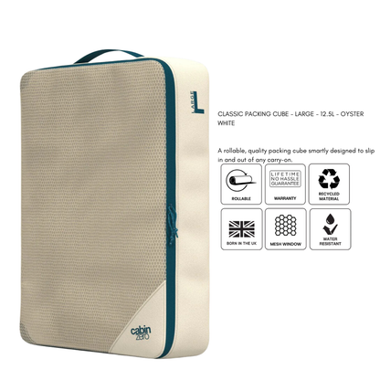 CabinZero CLASSIC PACKING CUBE Large Oyster White—rollable, water-resistant, recycled material, mesh window, smart carry-on organizer for travel.