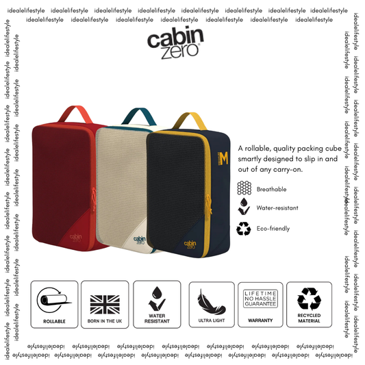 CabinZero CLASSIC PACKING CUBE Medium in Fiesta Red, Oyster White, and Blue Shimmer—breathable, water-resistant, eco-friendly, rollable packing cubes for organized travel